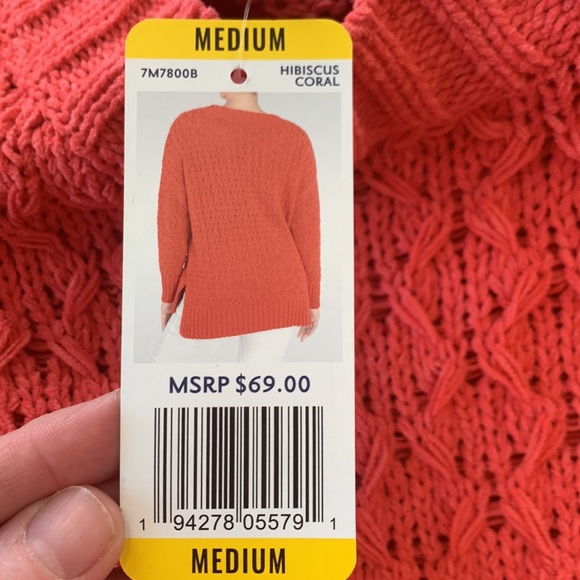 NWT Seven 7 Womens Open Knit Sweater Sz Medium Coral Orange Crew Neck - Picture 5 of 5